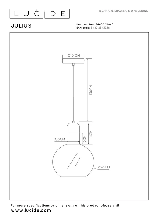 Lucide JULIUS - Pendant light - Ø 28 cm - 1xE27 - Smoke Grey - technical